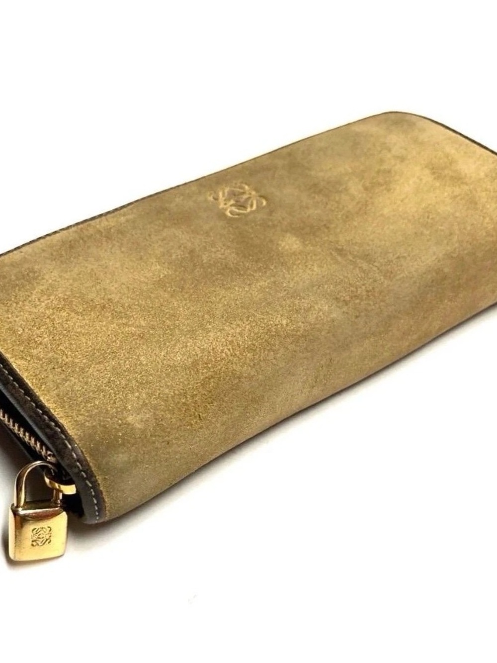 Loewe Gold Suede Wallet with Embossed Logo